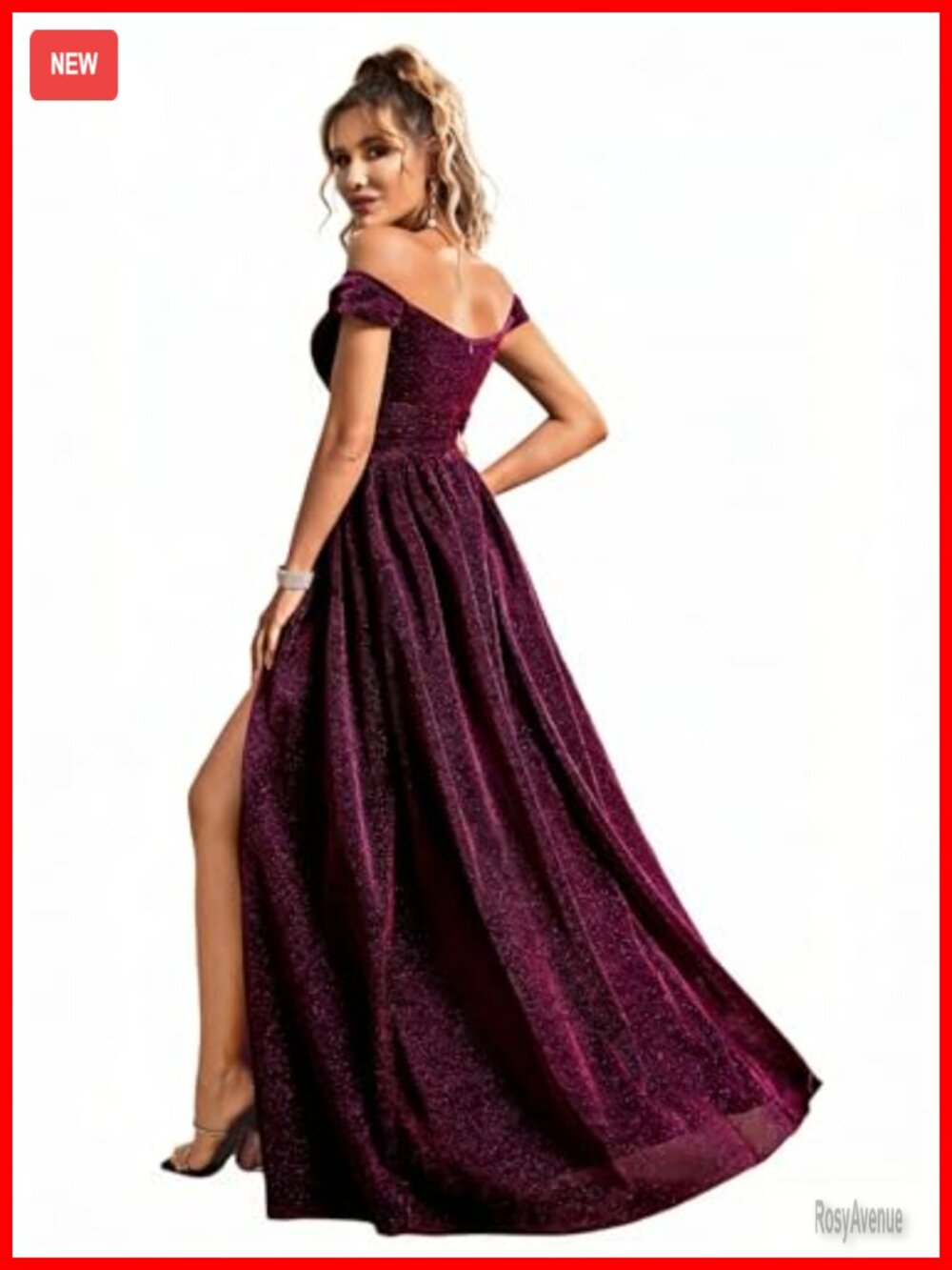 Glitter Off the Shoulder Formal Evening Gown High Slit Built-in Bra Maxi Prom